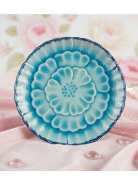 Visun Pottery Dish Aqua Flower Crackle finish, trinket dish